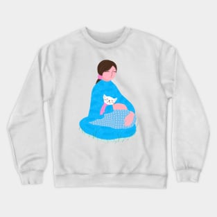 Cute girl and adorable white cat enjoying nature Crewneck Sweatshirt